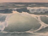 a painting of a man on a surfboard riding a wave