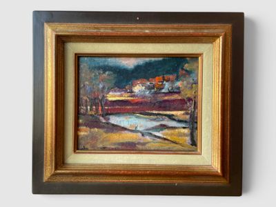 an oil painting of a landscape with a river in the foreground