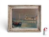 une peinture à l'huile représentant des bateaux dans un port, avec un phare en arrière-plan