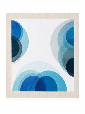 a blue and white abstract painting of circles on a white background