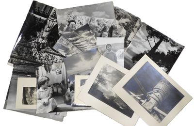 several black and white photographs of people in a field with trees