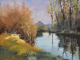 une peinture à l'huile représentant une rivière au milieu d'une forêt