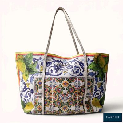 an image of a large multicolored bag with a floral design