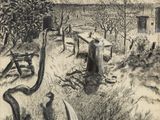 un dessin en noir et blanc représentant une scène de vie à la ferme