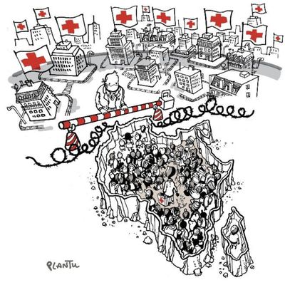 dessin représentant un groupe de personnes debout devant un symbole en forme de croix rouge