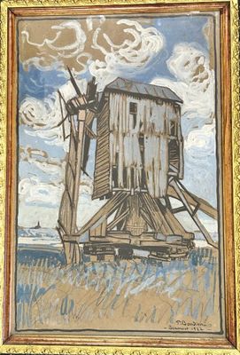painting of a windmill in a field with a cloudy sky in the background