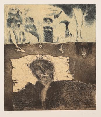 une image représentant un dessin d'une femme allongée dans son lit, avec des chats sur le mur