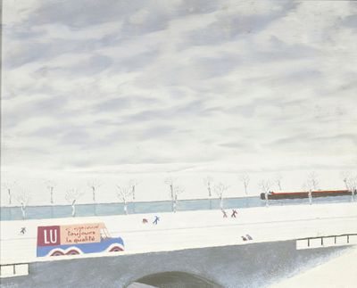 a painting of a train going over a bridge in the snow