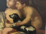 a painting of two children and a dog sitting on a bench