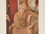 painting of a woman sitting in a chair in front of a mirror