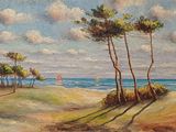 tableau représentant une scène de plage avec des arbres et un voilier au loin