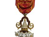 une image représentant une médaille rouge et dorée sur laquelle figure un éléphant blanc