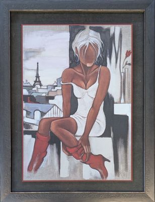 tableau représentant une femme en robe blanche assise sur un rebord devant la tour Eiffel