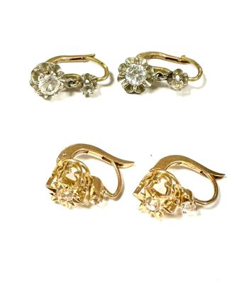 three pairs of gold and diamond earrings on a white background