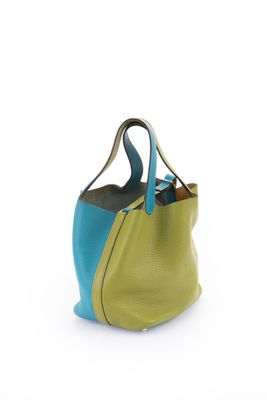 leather tote bag in green, blue and yellow