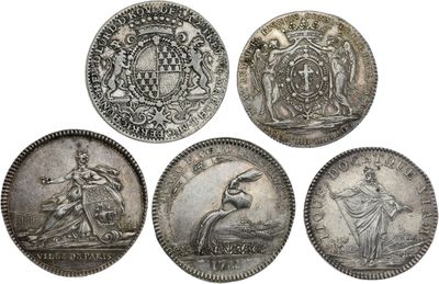 four silver coins with the arms of two men and two women on them