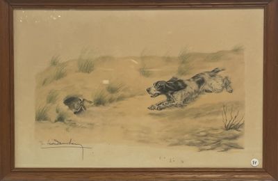 tableau représentant deux chiens courant sur le sable, avec un chien couché par terre
