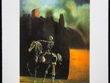 an image of a painting of a skeleton riding a horse with a castle in the background