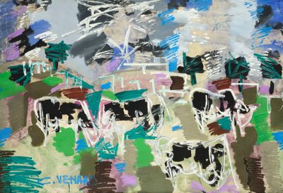 a painting of cows in a field with trees in the background
