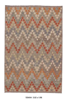 Kilim Afghan en laine Couleur gris, blanc et rouge 302 x 198