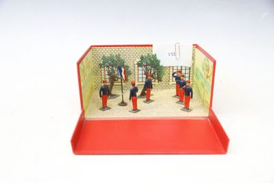 a red box with a picture of a group of soldiers on it