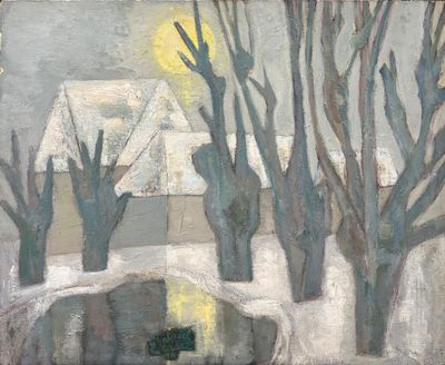 un tableau représentant une maison sous la neige, avec des arbres au premier plan