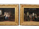 paire de peintures à l'huile du XIXe siècle représentant une famille dans une taverne