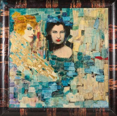 an oil painting of two women in a mosaic style frame