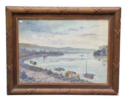 an oil painting of boats on the water in a wooden frame