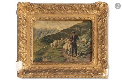 une image représentant un tableau où l'on voit un homme avec un troupeau de moutons dans un paysage montagneux