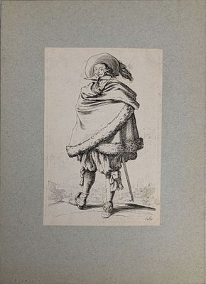 un vieux dessin représentant un homme avec un chapeau et un châle