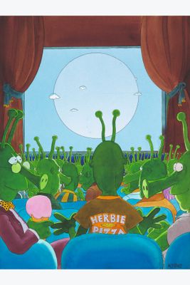 un tableau représentant un groupe de personnages de dessins animés dans un théâtre