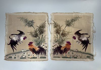 two pieces of cloth with a painting of roosters and bamboo trees