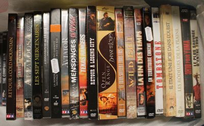 beaucoup de DVD rangés dans une boîte sur une étagère