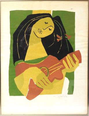 une image représentant un tableau d'une femme avec une guitare
