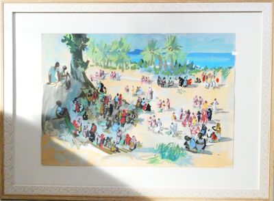 a painting of a crowd of people on the beach