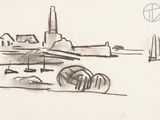 drawing of a boat in a body of water with a building in the background