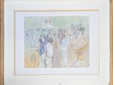 painting of a group of people walking on a beach with umbrellas