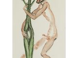 a drawing of a nude woman leaning against a tall plant