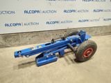 an image of a blue hand truck with a red wheel