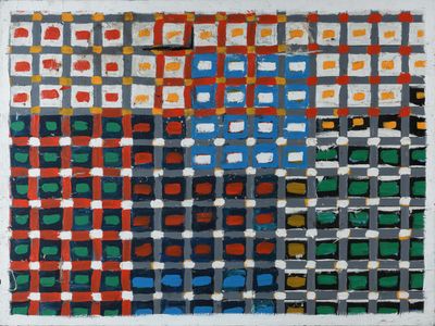 an image of a painting of squares and dots on a white background