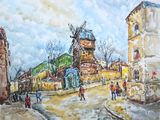 une peinture représentant un moulin à vent au bord de la route