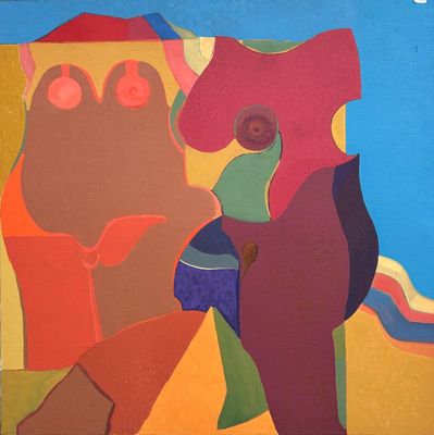 a painting of two people sitting on a horse