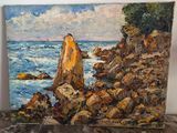 une peinture à l'huile représentant une côte rocheuse avec un bateau au loin