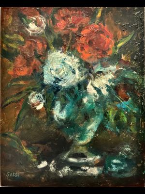 painting of a vase of flowers on a table with a black background