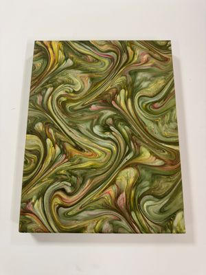 a painting of green and yellow swirls on a white surface