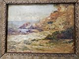 an oil painting of a rocky coast with a cliff in the background