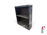 a black book shelf with two shelves on top of it