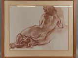 drawing of a nude woman sitting on a chair in a wood frame
