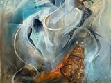 an abstract painting of a woman in a white dress and a man in a boat